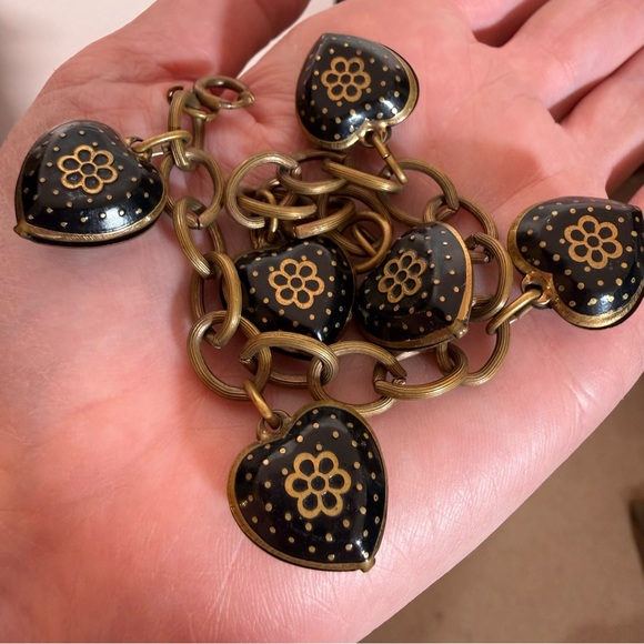 Antique Victorian revival art deco Brass Black enamel Heart Charm bracelet - Picture 10 of 17